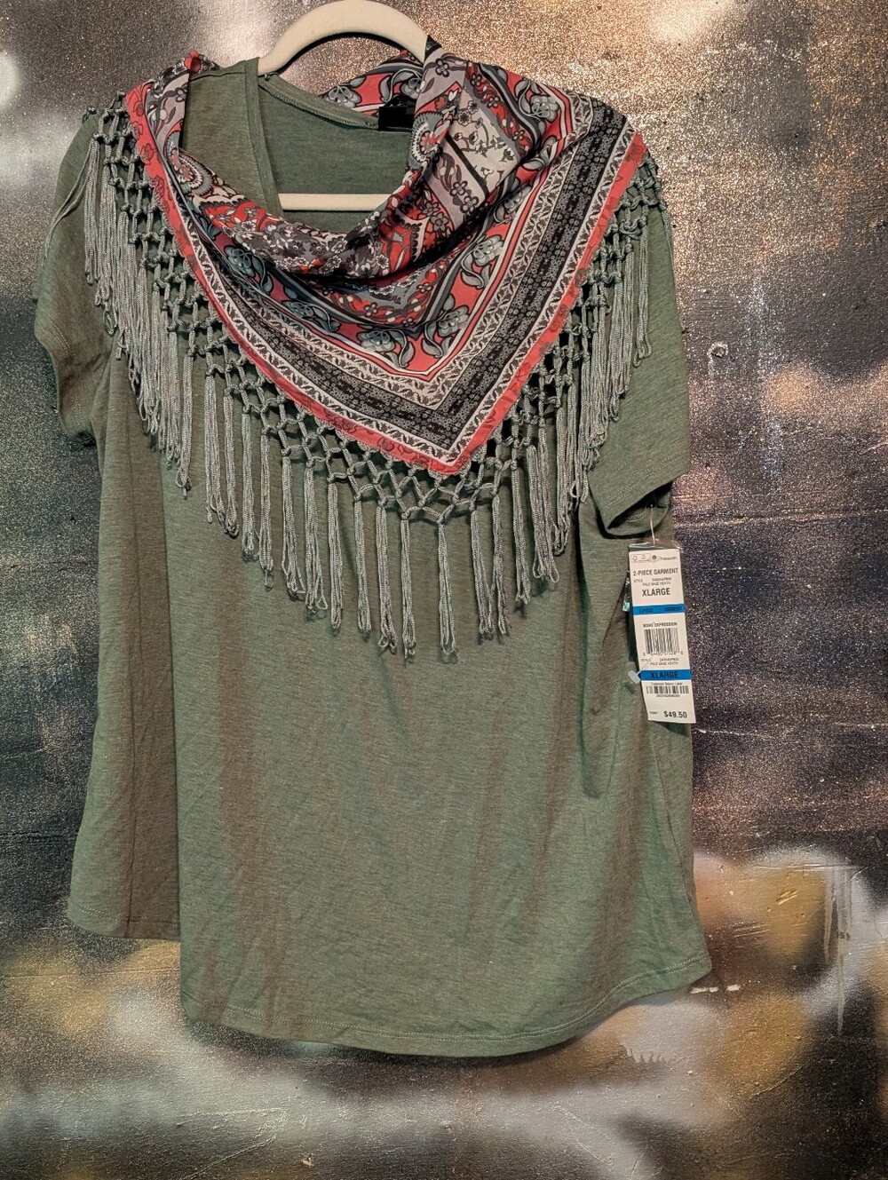 Style & Co. Olive Green Short Sleeve Tee with Paisley Fringe Scarf